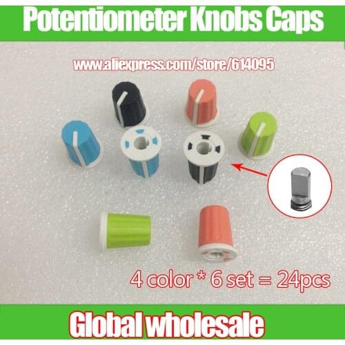24pcs Color Compact Rotary Potentiometer Knobs Caps / Hole 6mm Soft Rubber D Hole 270 Degrees Indicator / Switch Adjustment