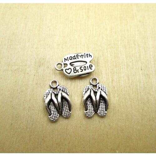 30PCS 16x10mm Slippers Charm 3D Flip Flops Pendants,made of soie DIY necklace/ bracelets charms antique silver tone