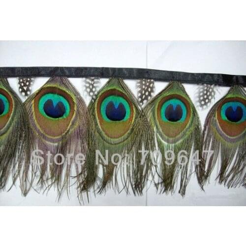 Freeshipping!2Meters/Lot Height 10cm Nature Peacock Eye Feather Fringe with Nature Guineafowl Feathers 50pcs Peacock Eyes