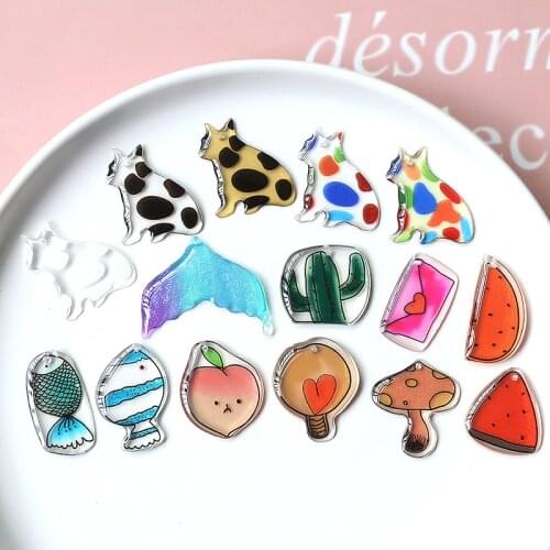 Free Shipping 40pcs Transparent Colorful Animal Cat Resin Charms Fruit Peach Watermelon Mushroom Fish Mermaid Tail Pendants DIY