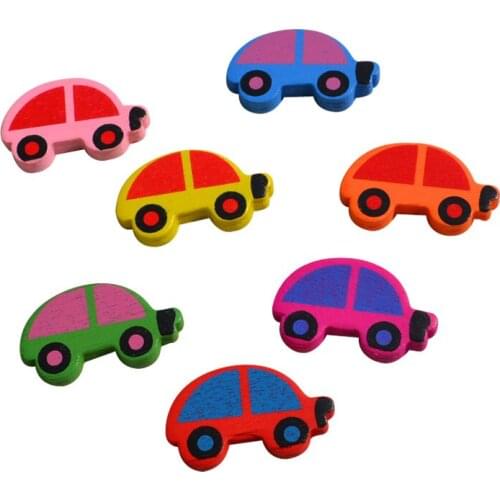 20pcs DIY fashion jewelry accessory Cartoon Wooden Beads With Printed 35MM Lovely Car mix color Children Handcraft Department