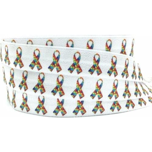 5/8" Autism Print Fold Over Elastic 10 yards/lot Stretchy White Autistic FOE Ribbon Webbing for Girls Hair Tie Hair Accessories