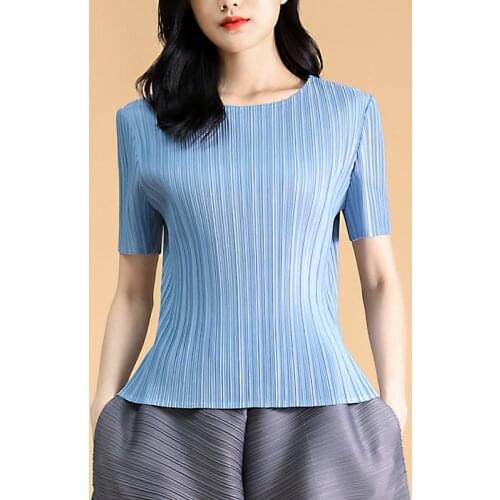 Miyak Pleated Short Sleeve Loose Casual T-shirt Women Summer Round Color Solid Color Large Size Female Top Elasticity Thin Tee
