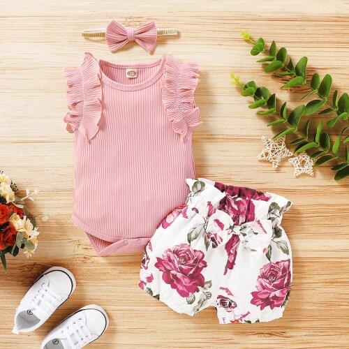 0-18M Baby Girls Clothes Set Summer Infant Kids Ruffles Sleevele Tops Floral Shorts Headband 3Pcs Suits