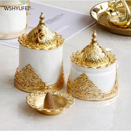 Creative golden Middle Eastern style wrought iron ceramic combination incense burner furniture decoration aroma diffuser
