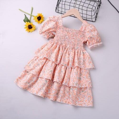 2021 New Summer Floral Dress Puff Sleeve Princess Dress Flower Casual Dress Cake Dress Girl Clothes Kid Clothing