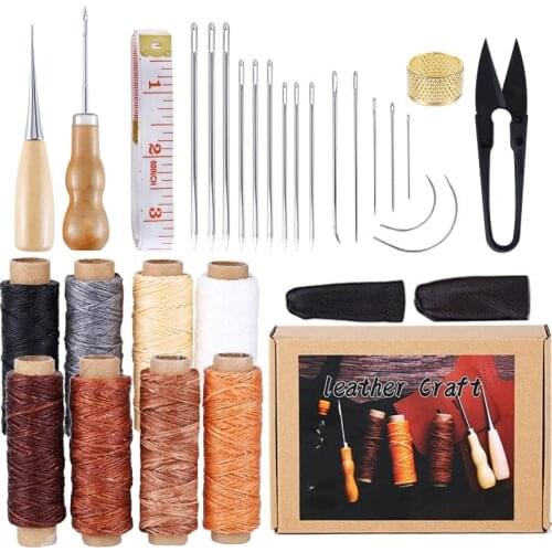 LMDZ 30Pcs Set Leather Craft Stitching Kit Waxed Thread Large-Eye Stitching Needles for Beginner Leather Craft Sewing DIY Tool