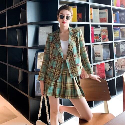 Fashion formal skirt suits for women skirt suit womens suit autumn women Plaid suit 2 piece set women blazer and skirt set