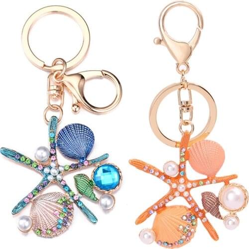 Starfish Shell Keychain Ocean Series Gifts Scallop Imitation Pearls Ornaments Car Bag Pendant Accessories Alloy Keyring Jewelry