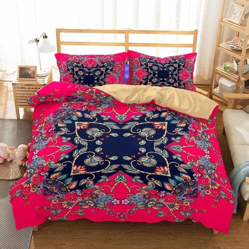 Bohemian Mandala Bedding Set Nordic Duvet Cover Set with PillowCase Double King Queen Size Pink Bed Comforter,Flower Bedspread