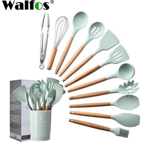 Walfos Silicone Cooking Utensils Set Non-Stick Spatula Shovel Wooden Handle Cooking Tools Set With Storage Box Kitchen Tool