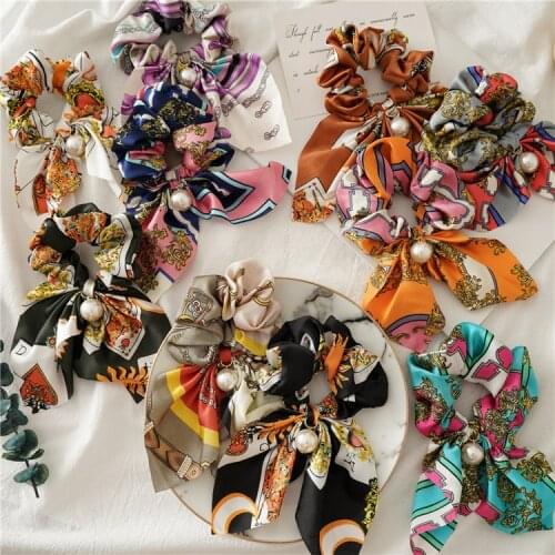 New style long rabbit ears streamers large intestine ring ladies pearl bag waist knotted hair ring