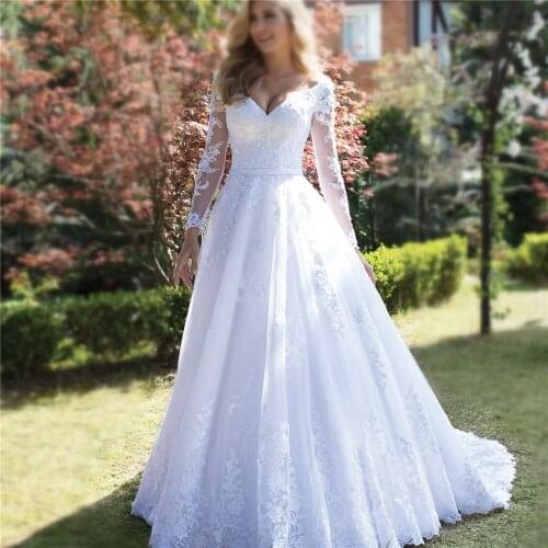 YIWUMENSA Soft Tulle Lace Appliques Backless Bridal Gown For Women Bride Long Sleeves A Line Wedding Dress Boho Custom Made 2021