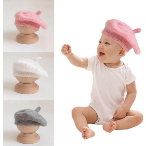 Newborn Photography Props Soft Hand-woven Mohair Beret Cap Kids Baby Hat Solid Color Cute Baby Bonnet Baby Photo Shooting Hat