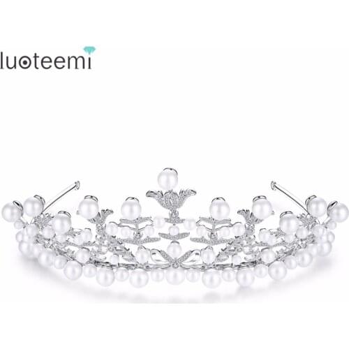 LUOTEEMI Bridal Tiara Crown Clear Imitation Pearl Flower Wedding Princess Crowns Ornaments Wedding Hair Accssories