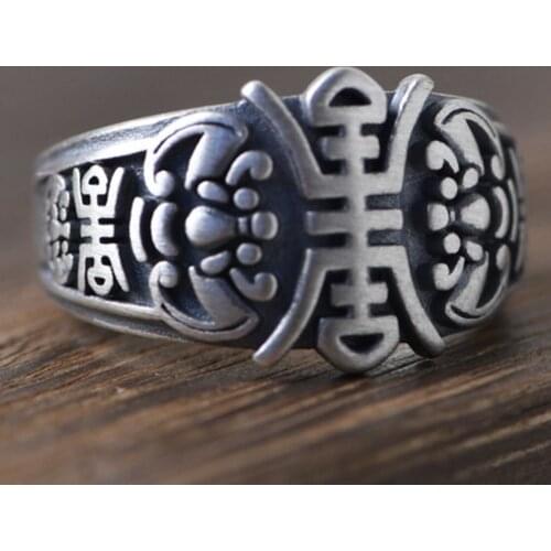 Vintage Pixiu 925 Sterling Silver Resizable Blessing Ring Retro S925 Gift For Man Luxury Health Longevity Rings Fine Jewelry