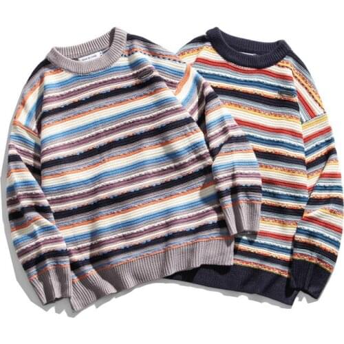 Korean Style Striped Loose Knit sweater Men and Women 100 Hong Kong School of Arts and Arts lovers minority