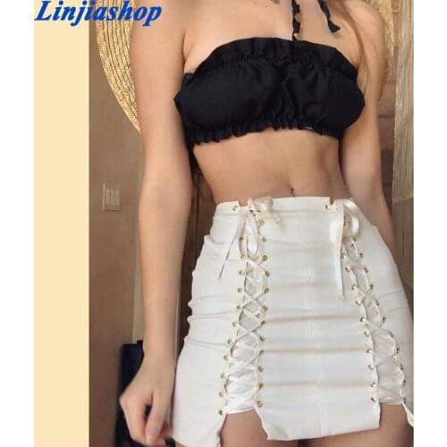 Streetwear Center Bandage Tie Cross Women A-line Skirt Harajuku High Waist Short Saia Mini Skirt