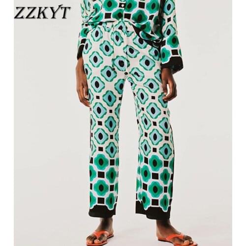 2021 Women Summer Vintage Geometric Print Bow Tie Straight Pants Fashion Elastic Waist England Style Female Trousers Mujer