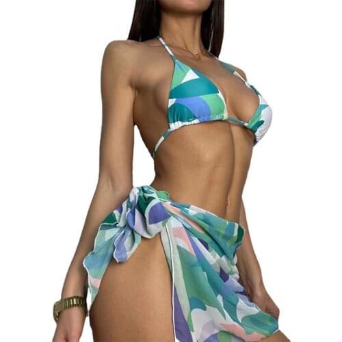 Women Bikini Set Backless Printed Gradient Split Three-Piece Ladies Swimsuit Summer Fashion New Beach Sexy Female Swimwear