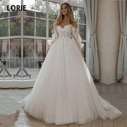 LORIE Glitter Wedding Dresses Puffy Sleeves Appliques Lace 3D Flowers off Shoulder Tulle Boho Bride Gown 2021 Vestidos De Novia