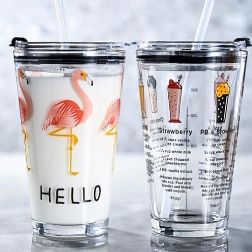 450ML Glass Juice Straw Mug with Scale Transparent Creative Portable Heat Resistance Straw Cup Milk Water Cup Water Bottle