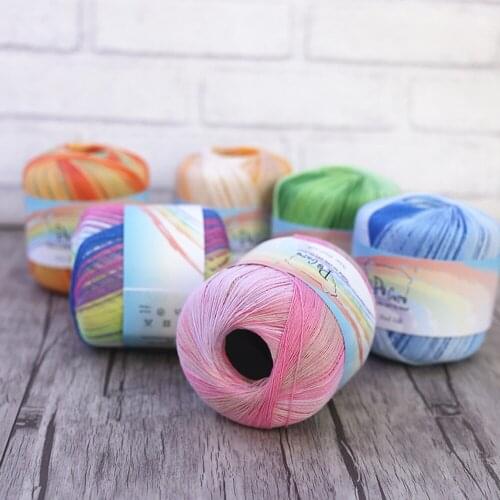 6pcs Free Shipping 50g/Ball Cotton Metallic Lace Rainbow Yarn Colorful Thin Thread For Crocheting Knitting By 1.55mm Crochet