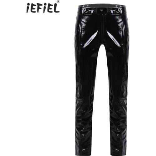 Men Patent Leather Zipper Crotchless Pants Nightclub Bar Stage Performance Costumes Wet Look Faux Leather Trousers Exotic Pants