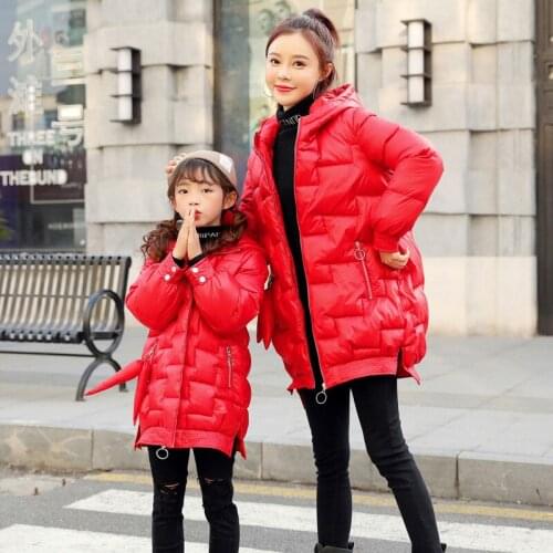 Parent Child Winter 2019 New Trend Korean Fashion Red Cotton Coat Mother and Daughter Matching Clothes Mom Baby Dresses Outfits