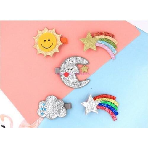 DHL 500PCS Cute Moon Hair Clips Sparkly Sun Glitter Rainbow Felt Hairpin Girls Children Hair Accessories