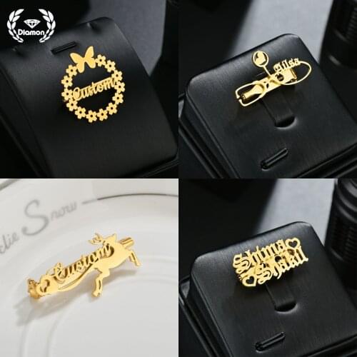 Diamon Personalized Brooch Pin Custom Name Badges Jewelry for Women Stainless Steel Customize Letter Font Fashion Party Gift