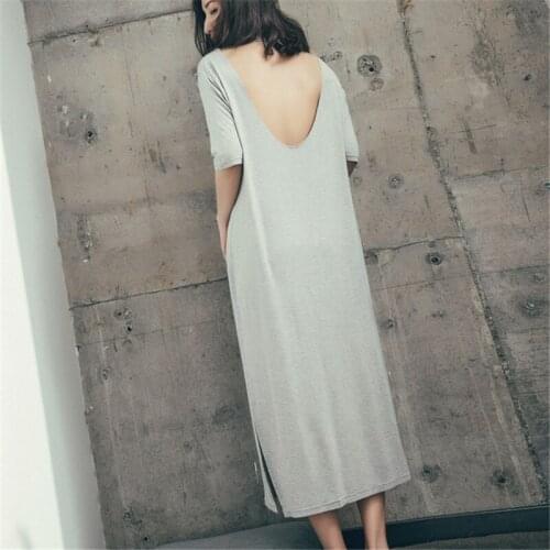 Backless long skirt sexy Sleepwear woman modal night skirt soft gray home service summer simple short sleeves nightdress