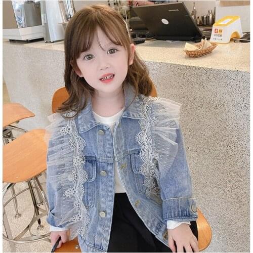 Fashion Kids Denim Jackets 2021 Autumn New Baby Girls Sweet Lace Denim Coats Casual Jackets for Girls 3-8 Y Children Outerwear
