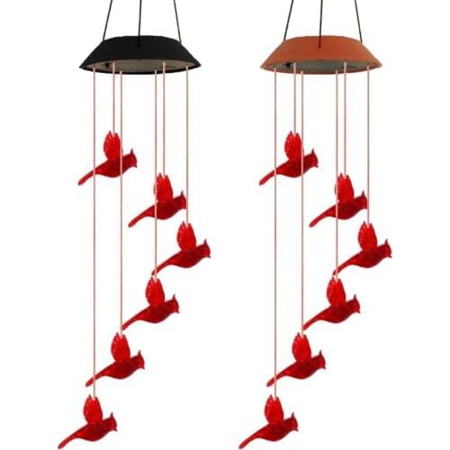H7JB Solar Cardinal Red Bird Wind Chime Wind Moblie LED Lamp Hummingbirds Color Changing Waterproof LED Solar Wind Chime Lamp