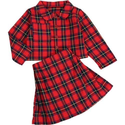 Kids Baby Girls Christmas Clothes Set Autumn Long Sleeve Single Breasted Shirt Tops A-Line Skirts Red Plaid Outfit Set 2-7Y