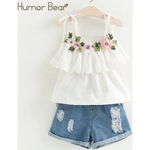 Humor Bear New Summer Fashion Style Girls Clothing Sets Embroidery Design T-shirt+ Jeans Children Clothes Kids Clothes Sets