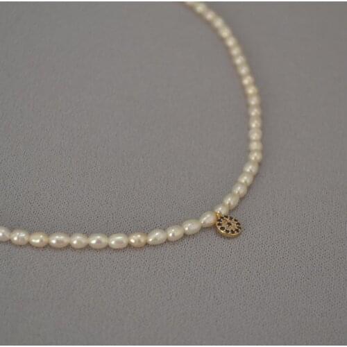 French retro elegant gentle fresh water rice pearl blue sharp Turkish eye short necklace clavicle chain
