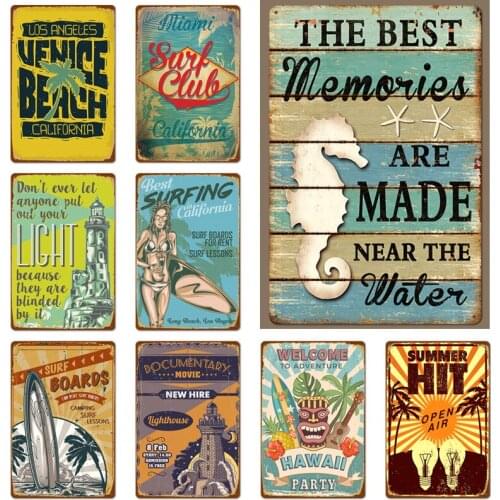 Summer Beach Surf Series Plaques Metal Plate Poster Bar Cafe Restaurant Indoor Restaurant Retro Shabby Iron Paintings Tin Sign