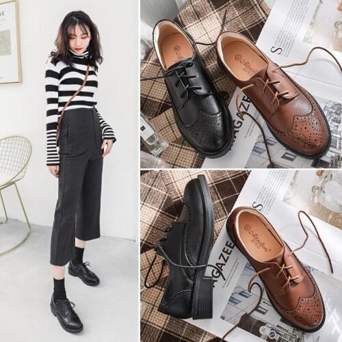 Small leather shoes female Yinglunfeng 2021 new Korean version of Joker shoes foreign style retro Brock shoes black shoes female