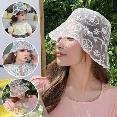 New Women Lace Flower Lady Bucket Hat Summer Hollow Out Flower Fishermen Hat Casual Transparent Lace Beach cap