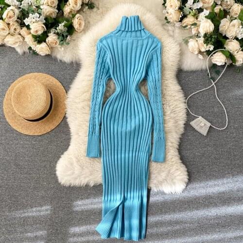 Foamlina Turtleneck Sweater Dress Autumn Winter Long Sleeve Knitted Bodycon Dress Korean Fashion Slim Elastic Warm Sheath Dress