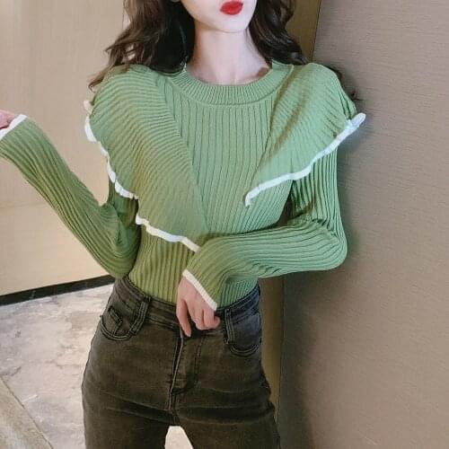 Autumn Winter Sweater Women Pullovers Fashion Womens Patchwork Ruffles Full Sleeve Sweaters For Female