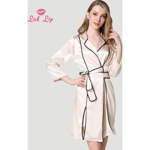 Lick Lip Sexy Striped Bathrobe Women Satin Silk Dress Females Nightwears Sleepwear Ladies Three Quarter Kimono Robe SWA3179-47