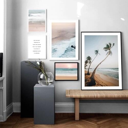 Scandinavian Poster Nordic Ocean Wave Pink Beach Wall Art Canvas Print Seascape Painting Tropical Pictures Home Decor HD0003