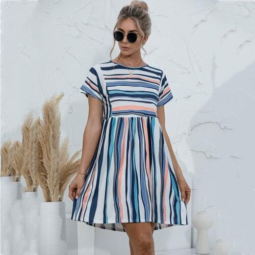 Elegant Women Casual O Neck Short Sleeve Dress Summer New Fashion Stripe Patchwork Pleate High Waist Pullover Mini Dresses Femme