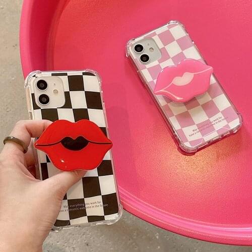 Korean Geometric lattice Lips Bracket Shockproof Case For iPhone 11 12 Pro Max 7 8 PLus SE X XR XS Luxury Bumper Back Cover Capa