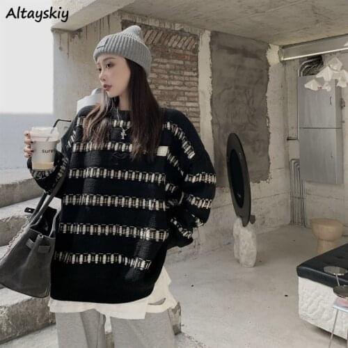 Geometric Pullovers Women Japanese Style Chic Trendy Loose Leisure BF Unisex Couple Streetwear College Harajuku Female Sweaters