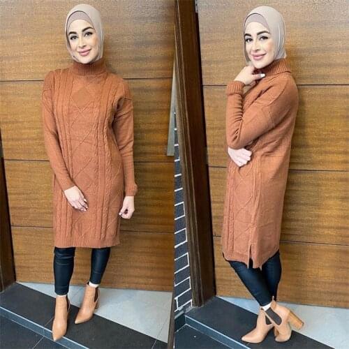 Turkey Muslim Knitted Dress Turtleneck Pullover Sweaters Winter Women Full Sleeve Knee Length Tops Arabic Islamic Clothing 2021