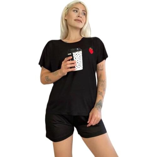 Strawberry Embroidered Knitted Shorts Womens Pajamas Set Short Female Set Homewear Casual Womens Cotton Sleepwear Set Summer