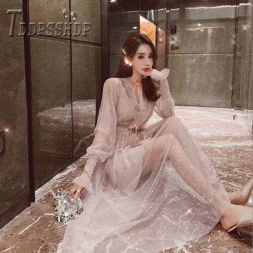 2019 Spring Fairy Women Dress Chic Sequins Long Sleeve Female Dresses